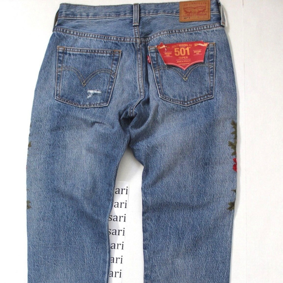 Levi's 501 Floral Embroidered Distressed Ripped Taper Cropped Button Fly Jeans - Picture 6 of 8